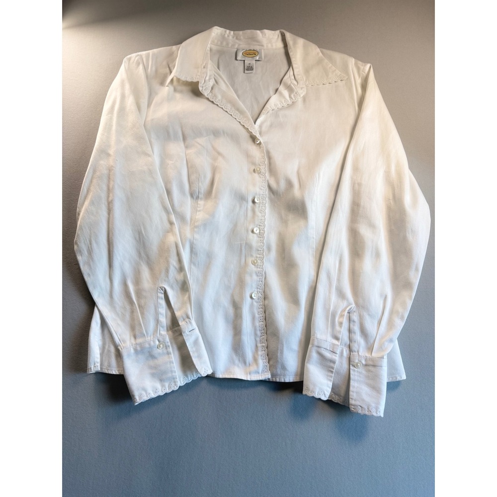 Talbots White Scalloped Eyelet Trim Button Down Shirt Long Sleeve Blouse Size 12